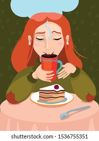 Girl drinks a hot drink and eats a cake in a warm green sweater at the table