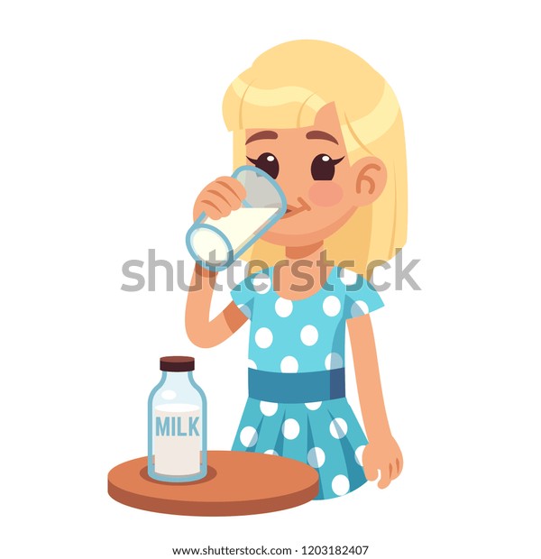 女の子は牛乳を飲む ガラスに牛乳を飲む漫画の幸せな子ども 健康な子供と乳製品のベクター画像コンセプト 朝食に牛乳 おいしい自然の有機イラスト のベクター画像素材 ロイヤリティフリー