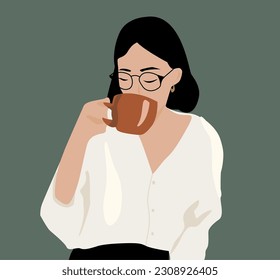 The girl drinks tea or coffee. A brunette with glasses is holding a cup of coffee. An office worker drinks coffee. A stylish woman is sitting in a cafe. Student or student at breakfast. Manager 