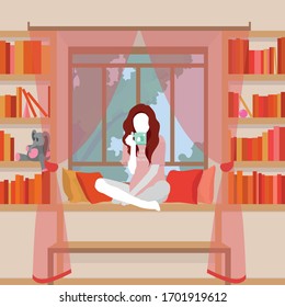  Girl drinks tea or coffee. Little library with big window. Comfortable place with pillows. Stay at home