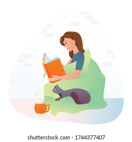 A girl drinks tea and reads a book while sitting on pillows with a cat. Vector illustration.