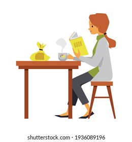 Las chicas beben té, leen el libro en la habitación del albergue o en la cocina del hogar como ilustración vectorial