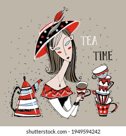A girl drinks tea. Tea time. Art Nouveau style. Modigliani art. Vector