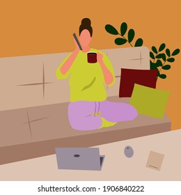 A girl drinks tea while working on a laptop while sitting on the sofa in the lotus position. Vector illustration. Flat style.