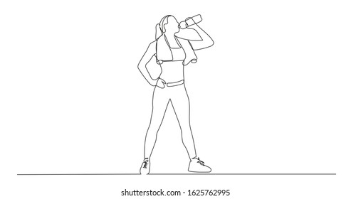 Girl drinks water after training. Continuous line drawing. Vector illustration.