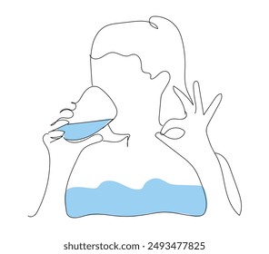 Girl drinks water and enjoys isolated on white background. Enjoy morning life line art drawing. Vector illustration. World Water Day.