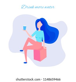 A girl drinks water through a straw. Rest at the resort. Beautiful dynamic girl with water. Young woman drinking water. The girl is drinking water.Flat design. Vector illustration.