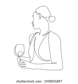 Girl drinks wine or champagne from a glass. Linear silhouette of a woman with a glass goblet. Drawing in one continuous line. Linear glamour logo in minimal for  wine label. 