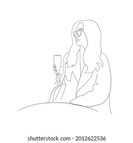 Girl drinks wine or champagne from glass. Hand drawing silhouette of woman with drinks in one continuous line style. Linear glamour fashion girl.