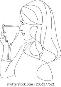 Girl drinks wine or champagne from a glass. Linear silhouette of a woman with a glass goblet. Drawing in one continuous line. Linear glamour logo in minimal for wine label.