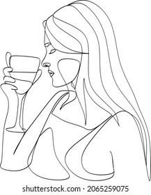 Girl drinks wine or champagne from a glass. Linear silhouette of a woman with a glass goblet. Drawing in one continuous line. Linear glamour logo in minimal for wine label.