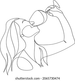 Girl drinks wine or champagne from a glass. Linear silhouette of a woman with a glass goblet. Drawing in one continuous line. Linear glamour logo in minimal for wine label.
