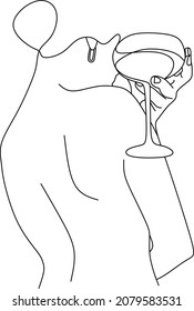 Girl drinks wine or champagne from a glass. Linear silhouette of a woman with a glass goblet. Drawing in one continuous line. Linear glamour logo in minimal for wine label.