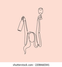 The girl drinks wine or champagne from a glass. Linear silhouette of a woman with a glass. Drawing with one continuous line. Linear glamor logo in a minimalistic style for a wine label.