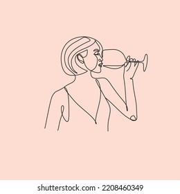 La chica bebe vino o champán de un vaso. Silueta lineal de una mujer con un vaso. Dibujo con una línea continua. Logo de glamour lineal en un estilo minimalista para una etiqueta de vino.