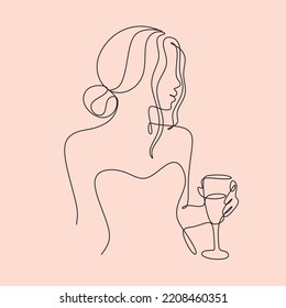 The girl drinks wine or champagne from a glass. Linear silhouette of a woman with a glass. Drawing with one continuous line. Linear glamor logo in a minimalistic style for a wine label.