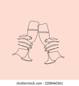 The girl drinks wine or champagne from a glass. Linear silhouette of a woman with a glass. Drawing with one continuous line. Linear glamor logo in a minimalistic style for a wine label.