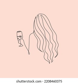 The girl drinks wine or champagne from a glass. Linear silhouette of a woman with a glass. Drawing with one continuous line. Linear glamor logo in a minimalistic style for a wine label.