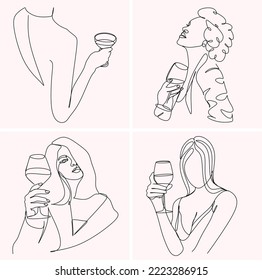 Girl drinks wine or champagne from a glass. Linear silhouette of a woman with a glass goblet. Drawing in one continuous line. Linear glamour logo in minimal for wine label.