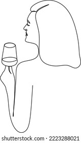 Girl drinks wine or champagne from a glass. Linear silhouette of a woman with a glass goblet. Drawing in one continuous line. Linear glamour logo in minimal for wine label.