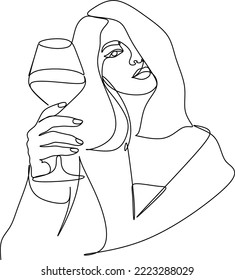 Las chicas beben vino o champán de una copa. Silueta lineal de una mujer con un goblet de vidrio. Dibujar en una línea continua. Logotipo de glamour lineal en mínimo para etiqueta de vino.