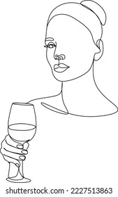 Girl drinks wine or champagne from a glass. Linear silhouette of a woman with a glass goblet. Drawing in one continuous line. Linear glamour logo in minimal for wine label.