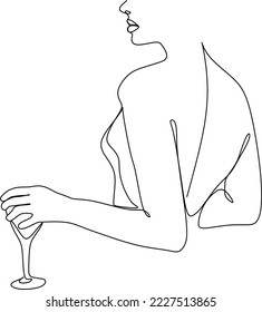 Girl drinks wine or champagne from a glass. Linear silhouette of a woman with a glass goblet. Drawing in one continuous line. Linear glamour logo in minimal for wine label.