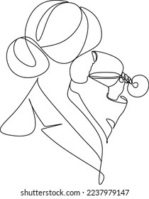 Girl drinks wine or champagne from a glass. Linear silhouette of a woman with a glass goblet. Drawing in one continuous line. Linear glamour logo in minimal for wine label.