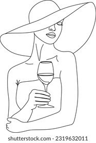 Girl drinks wine or champagne from a glass. Linear silhouette of a woman with a glass goblet. Drawing in one continuous line. Linear glamour logo in minimal for wine label.