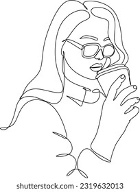 Girl drinks wine or champagne from a glass. Linear silhouette of a woman with a glass goblet. Drawing in one continuous line. Linear glamour logo in minimal for wine label.