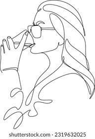 Girl drinks wine or champagne from a glass. Linear silhouette of a woman with a glass goblet. Drawing in one continuous line. Linear glamour logo in minimal for wine label.