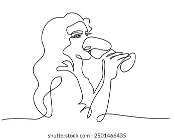 Girl drinks wine or champagne from glass. Linear silhouette of woman with wineglass. Continuous one line drawing. Linear glamour logo in minimal for wine label. Vector illustration