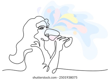 Girl drinks wine or champagne from glass. Linear silhouette of woman with wineglass. Continuous one line drawing. Linear glamour logo in minimal for wine label. Vector illustration