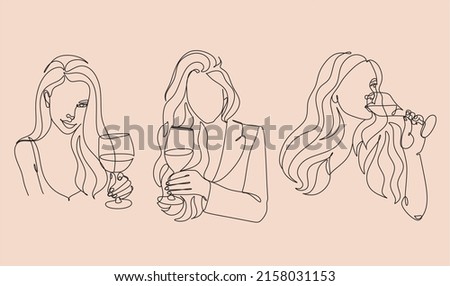 Girl drinks wine or champagne from a glass. Linear silhouette of a woman with a glass goblet. Drawing in one continuous line. Linear glamour logo in minimal for wine label.