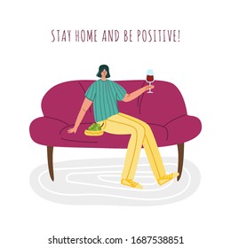 Girl drinks wine at home room on soft sofa and relaxes or rests, stay home activity for people in covid-2019 quarantine time, female flat cartoon character vector isolated illustration