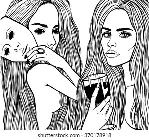 The girl drinks wine isolated on white background. Feelings, emotions without a mask. Girls with a glass of red wine. Vector black and white illustration. Black eyes.