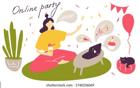 Girl drinks wine at online party. Network celebration, friends virtual meeting, video conference. Remote Network Communication. Vector flat doodle illustration