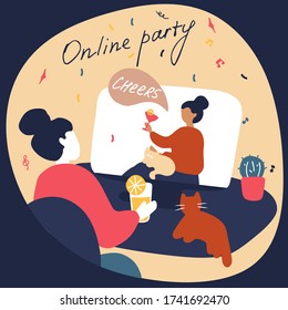 Girl drinks wine at online party. Network celebration, friends virtual meeting, video conference. Remote Network Communication. Vector flat doodle illustration