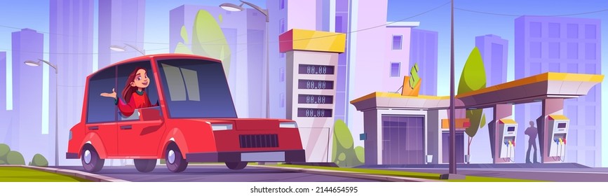 Girl driver on car refueling station, gas refill, gasoline filling service. Woman sitting in automobile near petrol shop building facade, fuel selling for urban vehicles, Cartoon vector illustration