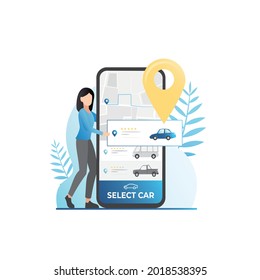 Girl driver in smartphone application chooses which car to rent. Car sharing. Woman paved path on map with mark of location of trip. Passenger called, ordered taxi. Short-term rental services.