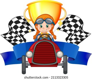 Girl driver with trophy and race flag illustration
