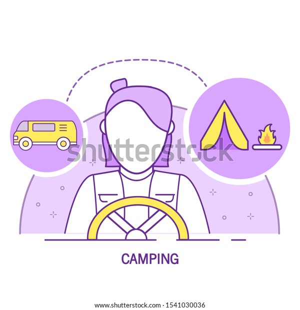 Girl driver van tourist camp tent icon.Flat line\
art vector outline.Isolated on a white background.Vehicle van side\
view.