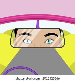 Girl Driving, Beautiful Eyes In Rearview Mirror. Flat Vector Illustration.