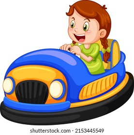 Una niña conduciendo un coche parachoques con ilustración de fondo blanco