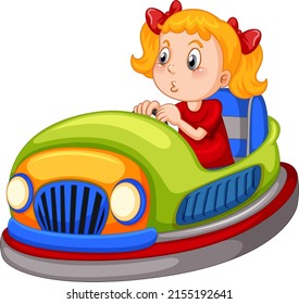 A girl driving bumper car on white background illustration