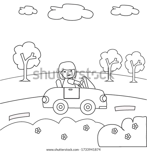 Girl Driving Car\
Outline for Coloring Book