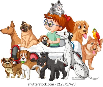 A girl driving a car toy with many dogs illustration