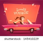 Girl driving car. Vector retro styled illustration.