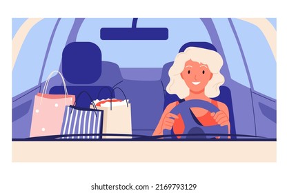 Girl driving car, view through windscreen vector illustration. Cartoon woman in safety belt holding steering wheel with hands to drive vehicle home after shopping, bags in front seat background