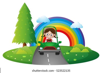 Girl driving green car on the road illustration
